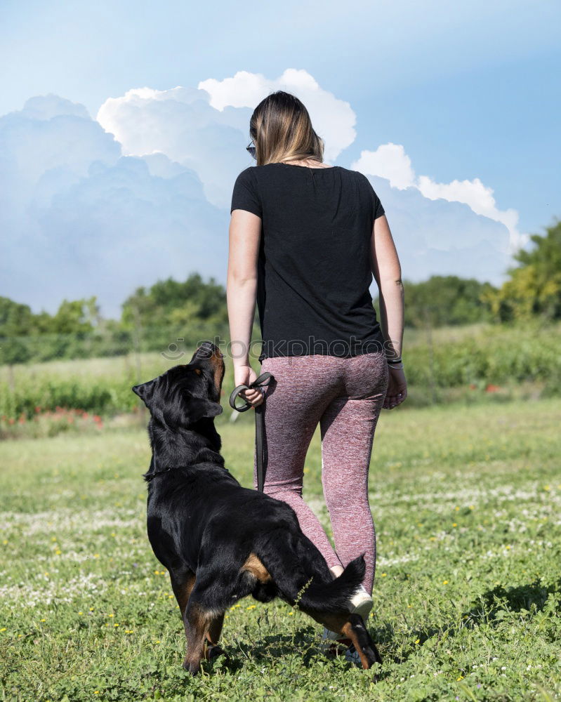 Similar – Image, Stock Photo Young woman with small dog at the lake