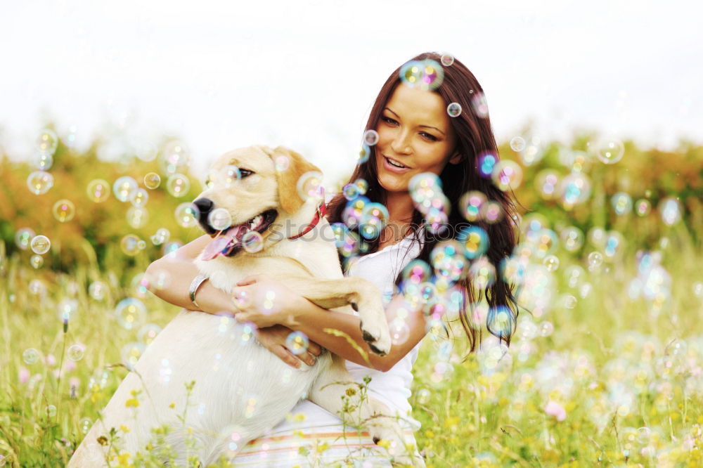 Similar – Image, Stock Photo analog medium format photo: young blond Labrador in forest with tall dark haired woman with wild curls smiling at camera