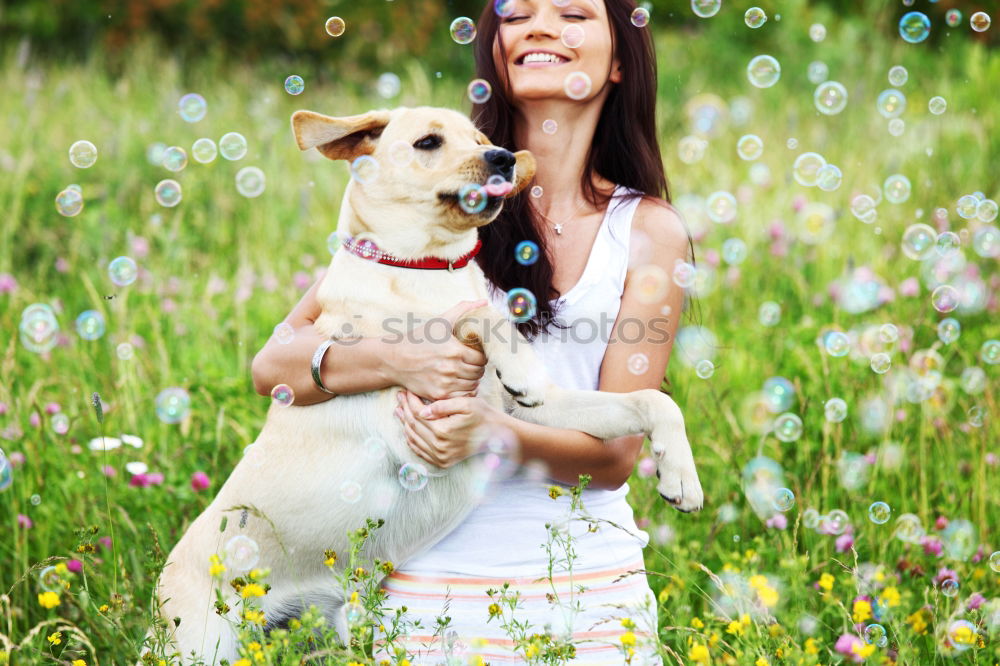 Similar – Image, Stock Photo analog medium format photo: young blond Labrador in forest with tall dark haired woman with wild curls smiling at camera