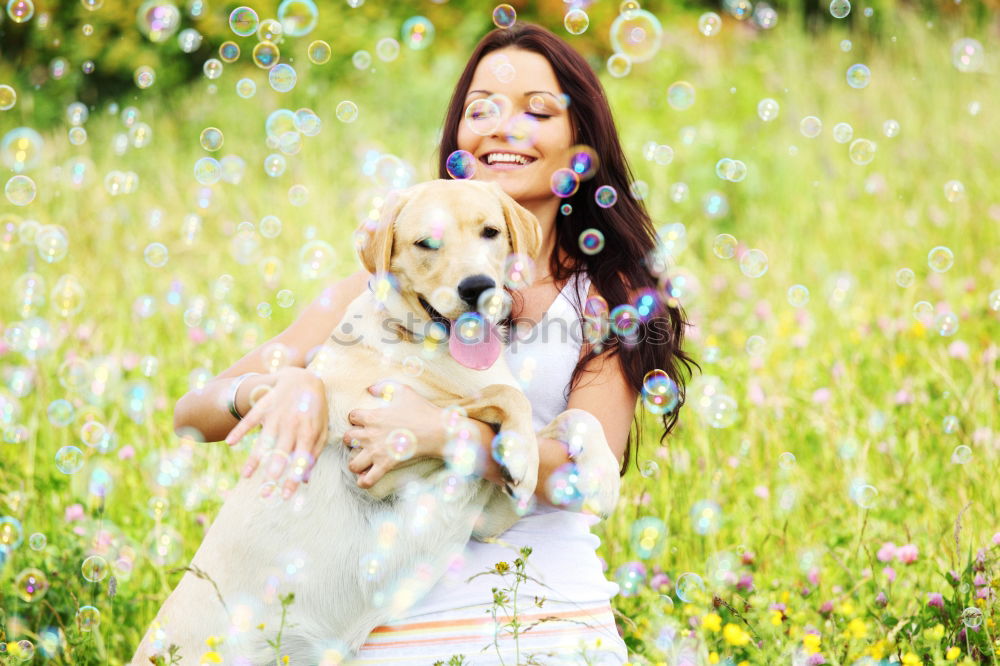 Similar – young woman with her dog at the park. she is kissing the dog. autumn season