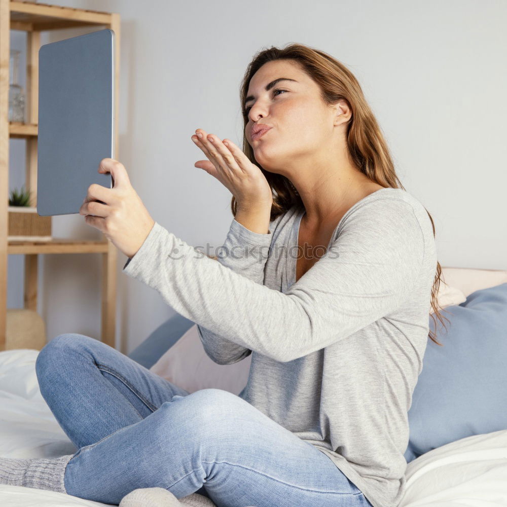 Similar – Image, Stock Photo Woman in bra drinking coffee and browsing phone