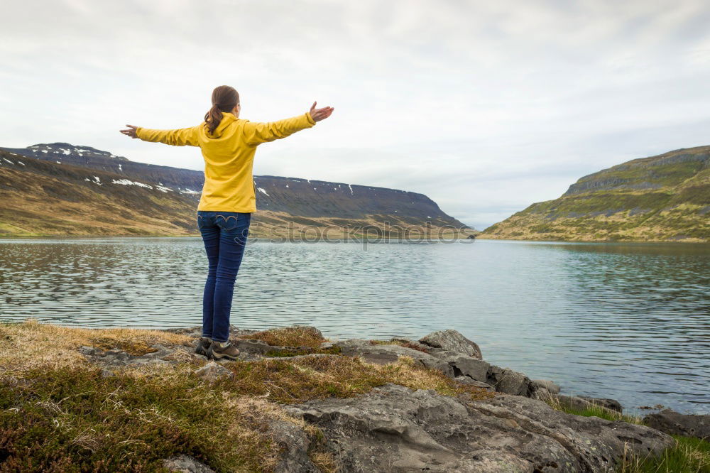 Similar – Image, Stock Photo Woman looking at mountain lake