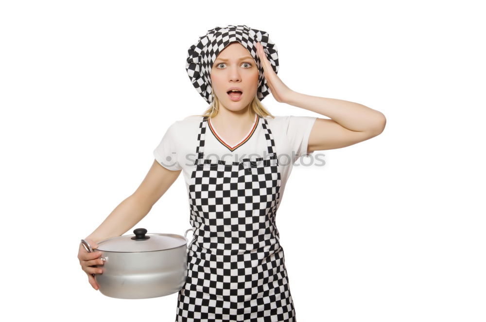 senior woman with cook hat and rolling pin and spatula on gray background