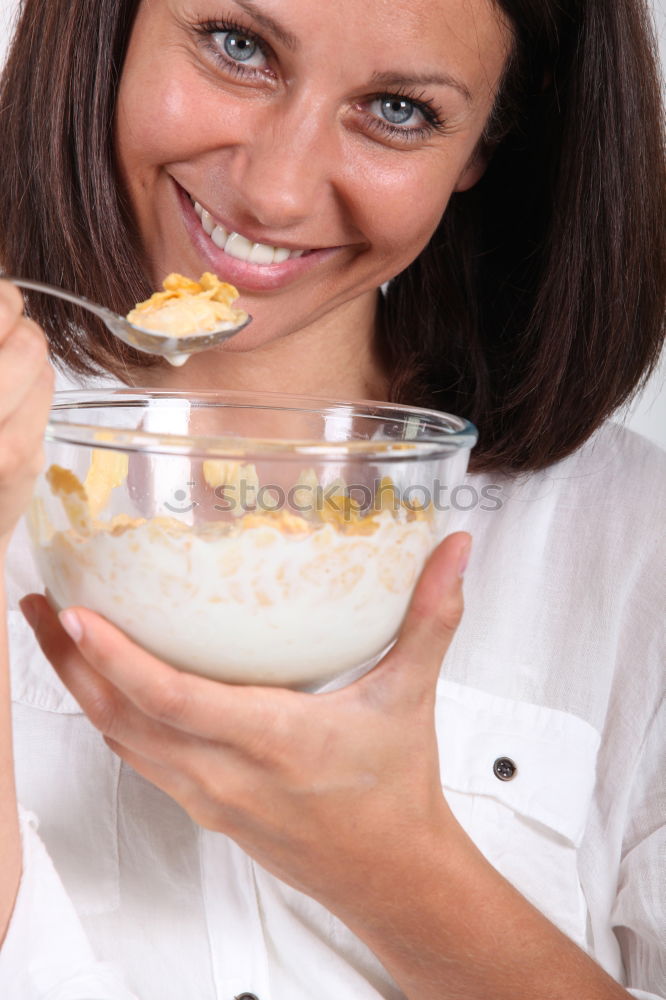 Image, Stock Photo woman close up eating oat and fruits bowl for breakfast