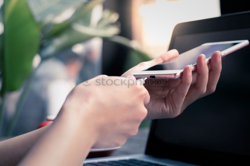 Similar – Woman with cup and smartphone in outside cafe