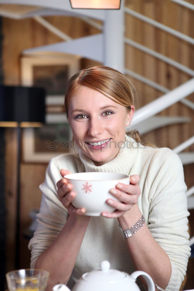 Image, Stock Photo Smiling blond woman sitting in a bar with a cappuccino