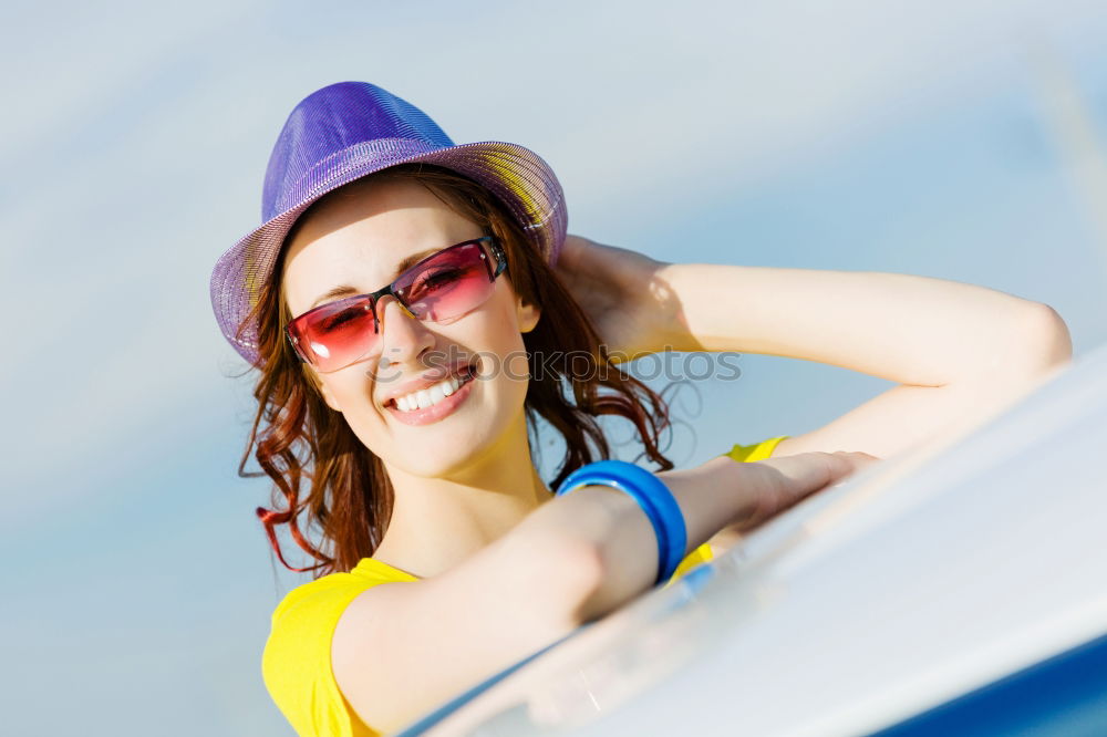 Similar – Image, Stock Photo Woman with blue dress and hat in classic car