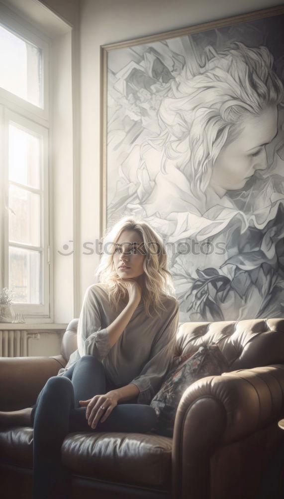 Similar – Young, tall, slim student sits on a chair at her desk and takes a short break