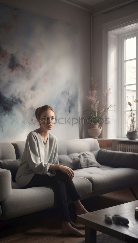 Similar – Image, Stock Photo Young woman with long legs sits barefoot on the couch