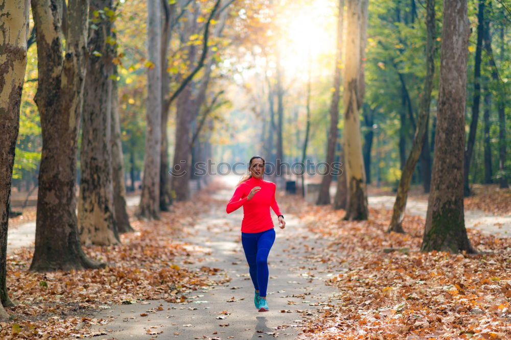 Similar – Image, Stock Photo Athletic young woman jogging along a forest track