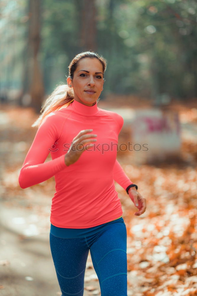 Image, Stock Photo Pretty fit young woman jogging in woodland