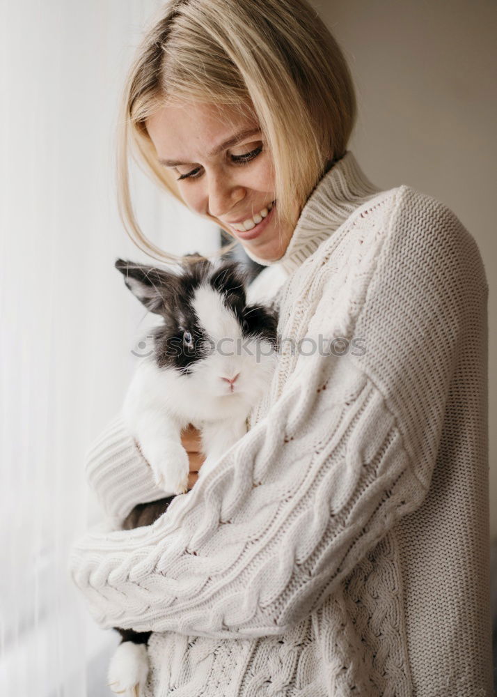 Similar – Image, Stock Photo Smiling woman stroking cat