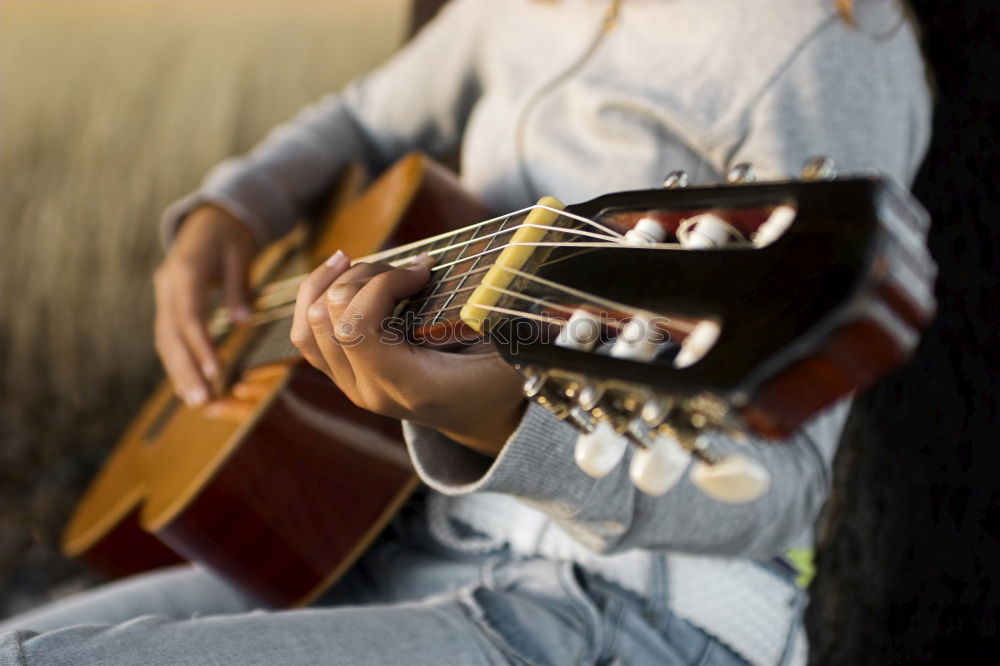 Image, Stock Photo Man with guitar in woods