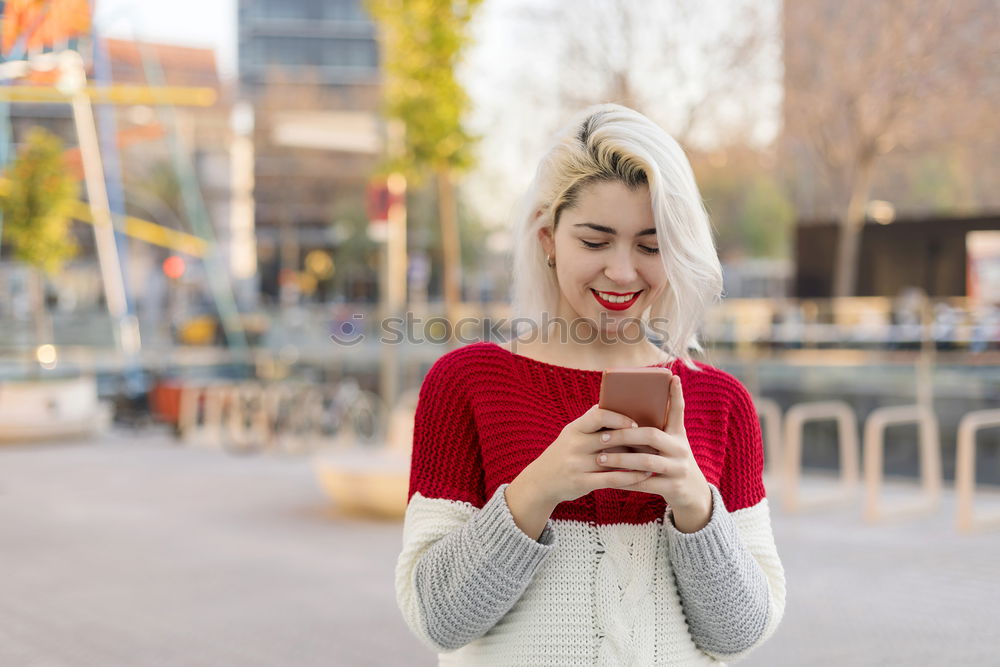 Image, Stock Photo Blonde young woman chatting outdoors