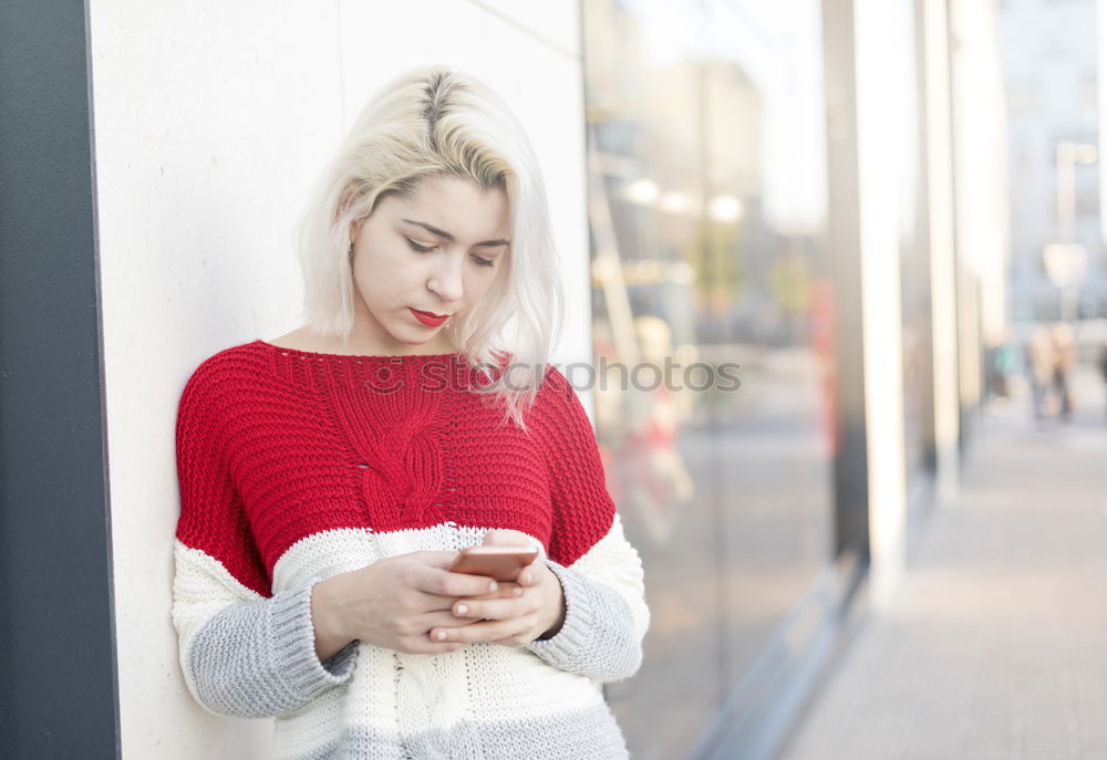 Similar – Image, Stock Photo Blonde young woman chatting outdoors