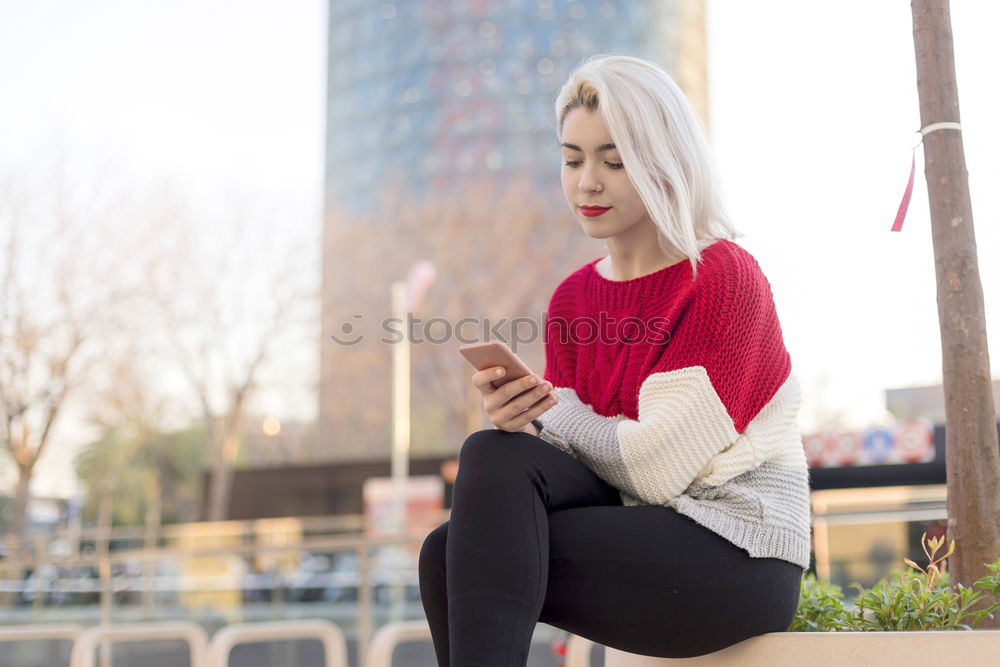 Similar – Image, Stock Photo Blonde young woman chatting outdoors