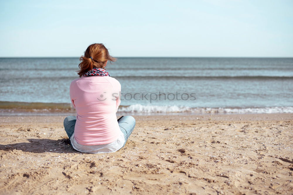 Similar – Image, Stock Photo Thoughtful child sit at waterfront. Back view