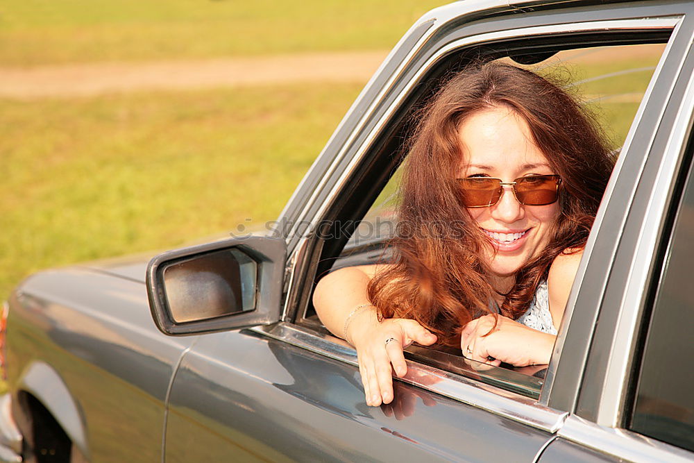 Similar – Image, Stock Photo happy child girl looking out the car window