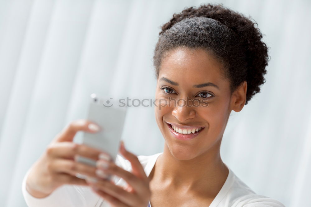 Similar – Image, Stock Photo African young woman taking funny selfie with smartphone