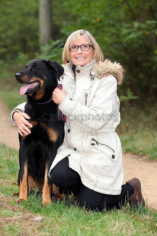 Image, Stock Photo Young woman with a Weimaraner hunting dog chilling in the forest
