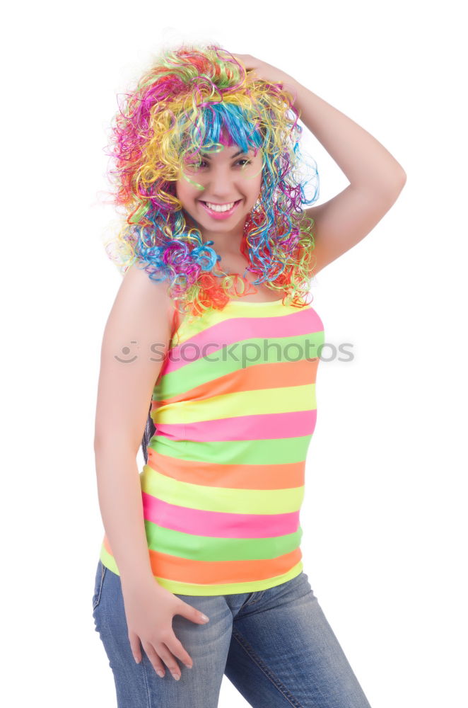 Similar – Young woman with pink hair is holding colorful lollipops