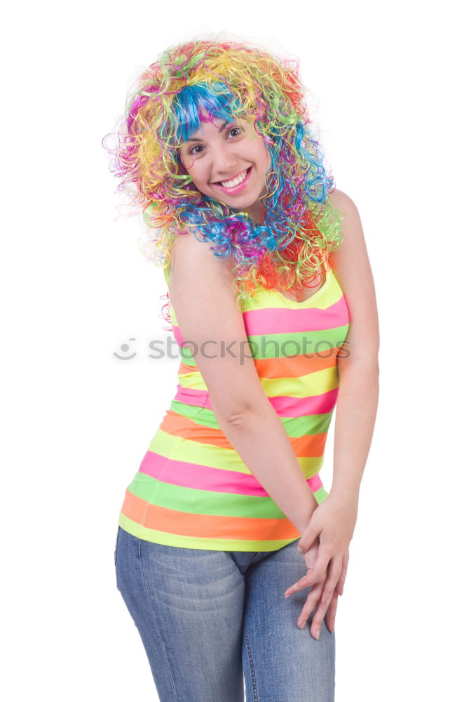 Similar – Young woman with pink hair is holding colorful lollipops