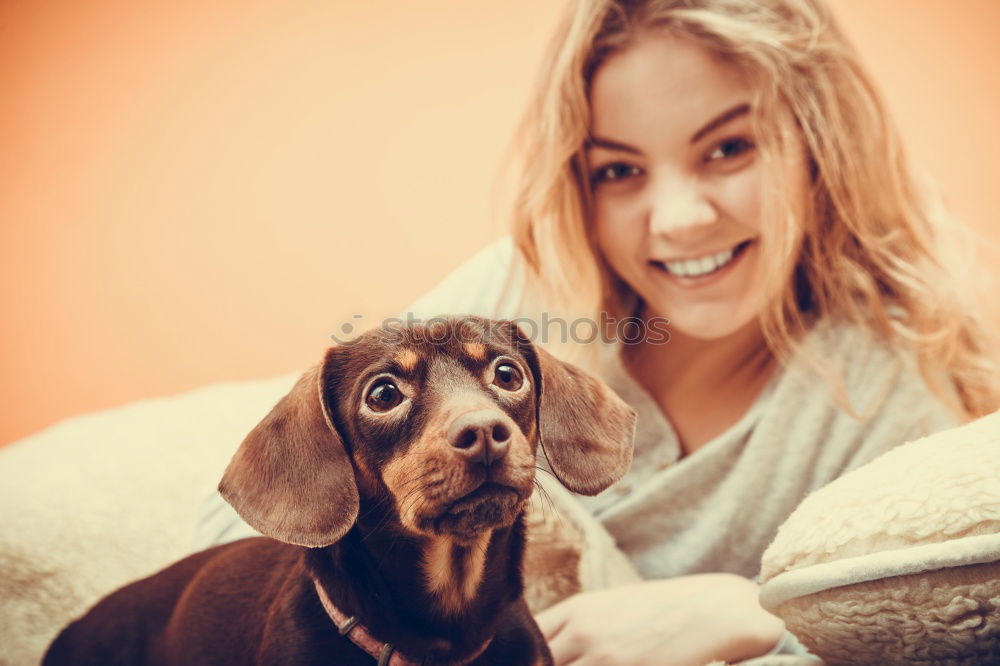 Similar – A pretty girl hugs her pet while kissing her