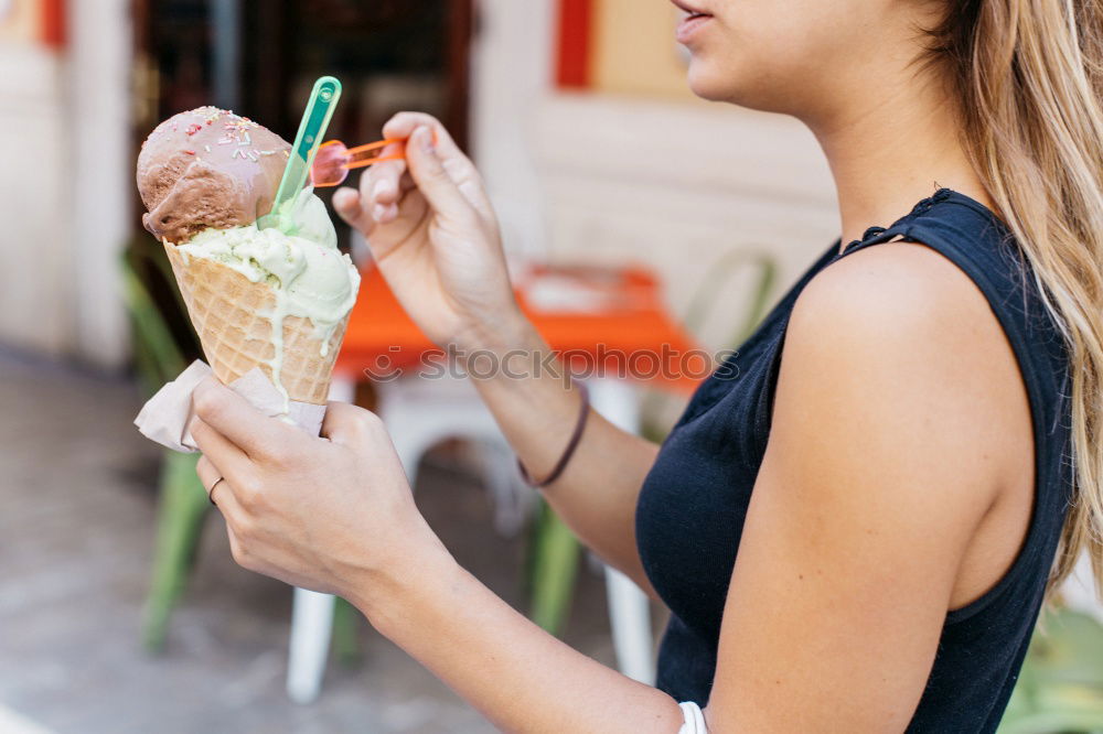 Image, Stock Photo Crop friends having meal while traveling