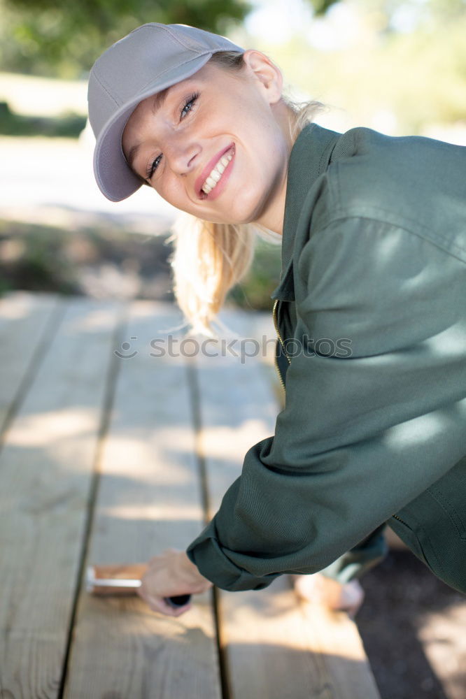 Similar – Image, Stock Photo Smiling blonde girl with red shirt enjoying life outdoors.