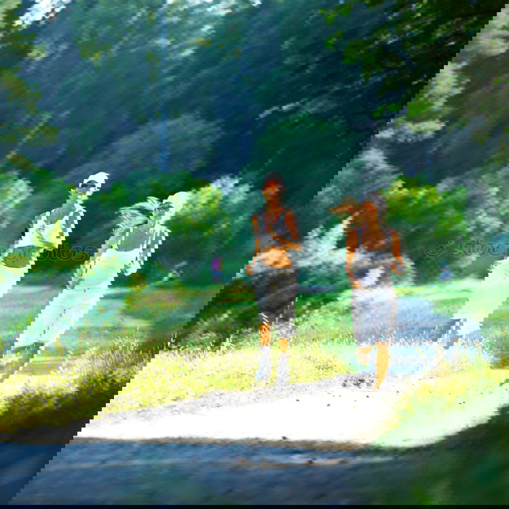 Similar – Image, Stock Photo Senior man and happy child running on nature path