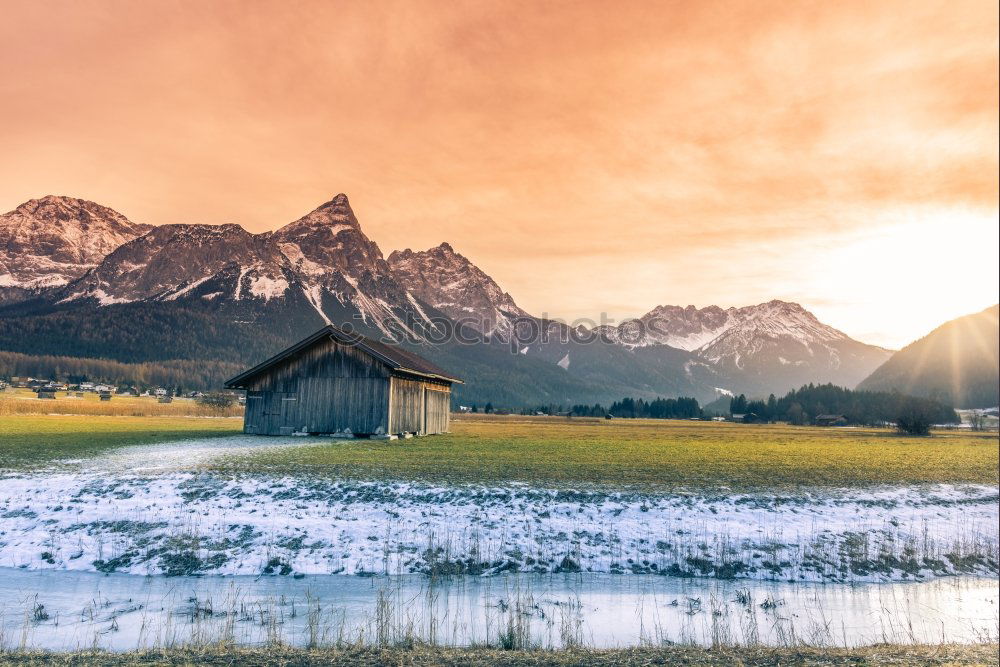 Image, Stock Photo Wooden barn and alpine snowy scenery