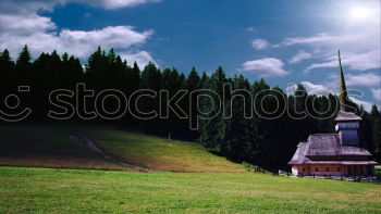 Similar – Image, Stock Photo Target reached. The small church looks out from behind a wall. Hike to the Lauberberg country inn with church. Franconia.