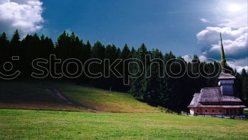 Similar – Image, Stock Photo Target reached. The small church looks out from behind a wall. Hike to the Lauberberg country inn with church. Franconia.