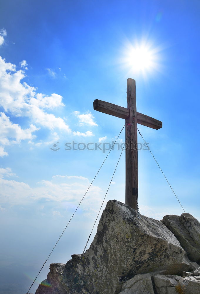 Similar – Image, Stock Photo Summit cross, woman with rucksack