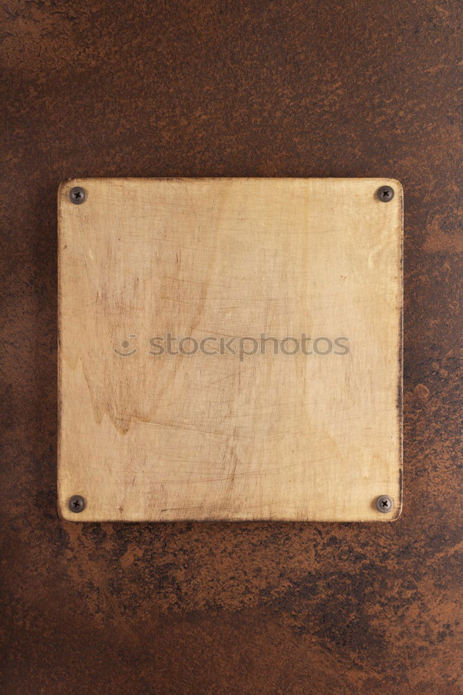 Wooden table and old cutting board, top view, copy space