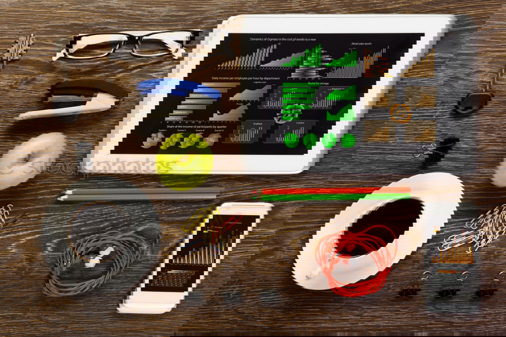 Similar – Image, Stock Photo Workplace with tablet pc, camera, watch and other office supply
