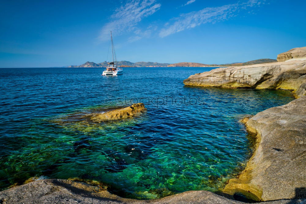 Similar – Blue sea and ship in Menorca, Spain