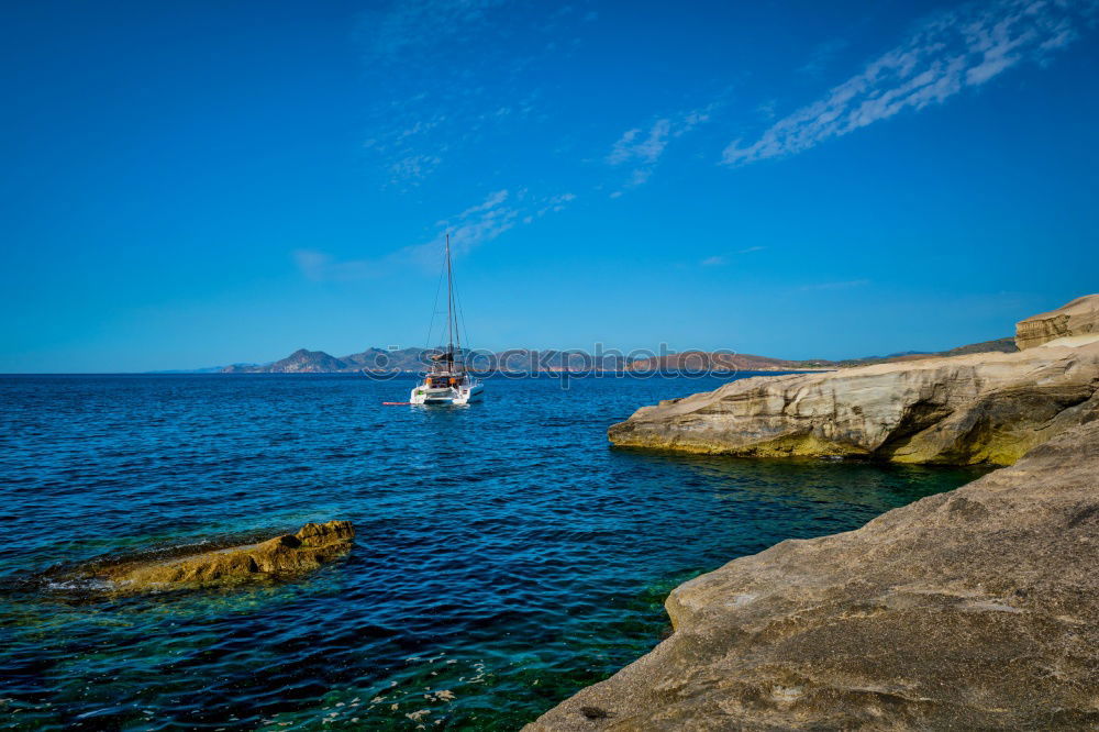 Similar – Blue sea and ship in Menorca, Spain