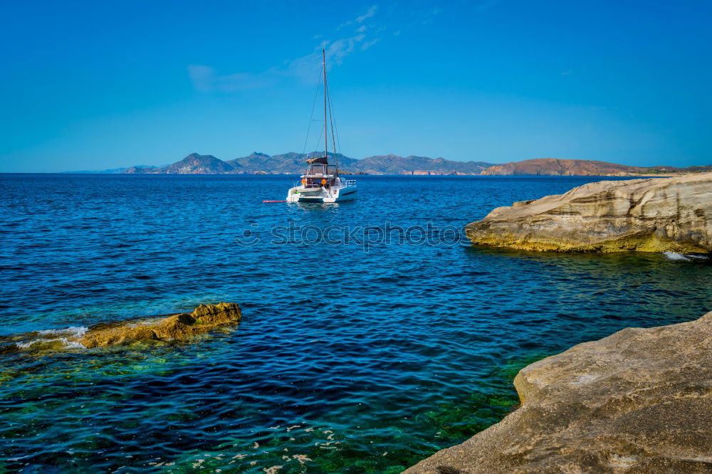 Similar – Blue sea and ship in Menorca, Spain