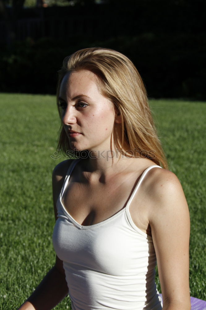 Image, Stock Photo Blonde girl sitting on a bench in the woods