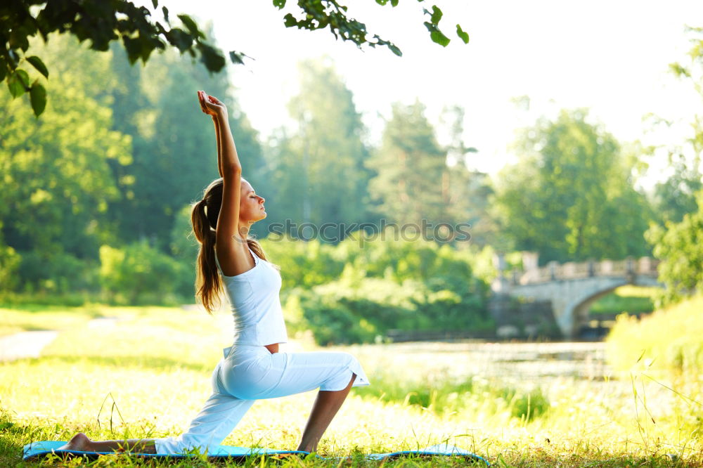 Similar – Image, Stock Photo Young woman doing yoga on wooden road in nature.