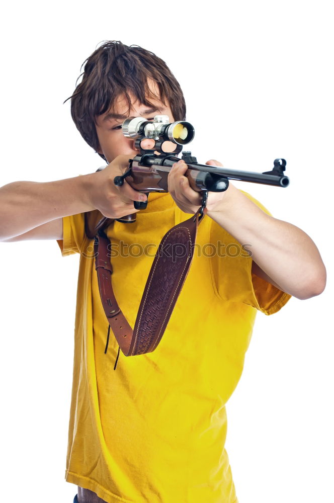 Similar – Image, Stock Photo Young photographer playing with accessories for professional camera like with rifle while lying on floor