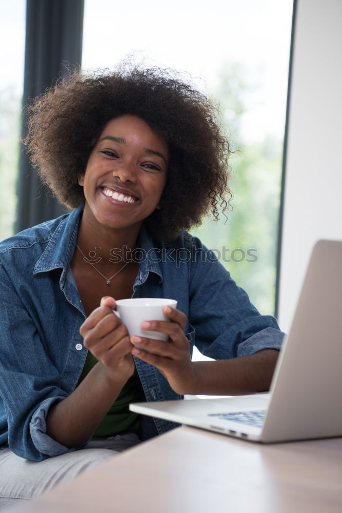 Similar – Image, Stock Photo beautiful black woman on bed with laptop and cup of coffee