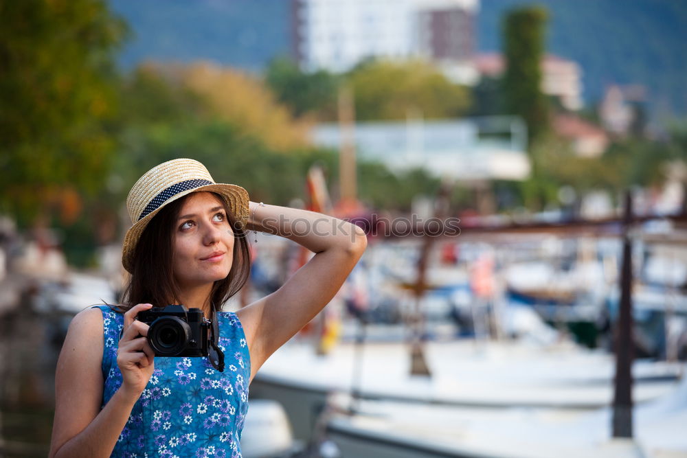 Image, Stock Photo Woman with blue dress and hat in classic car