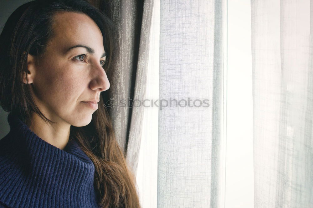 Similar – Image, Stock Photo Woman leaning on a window, looking out of window