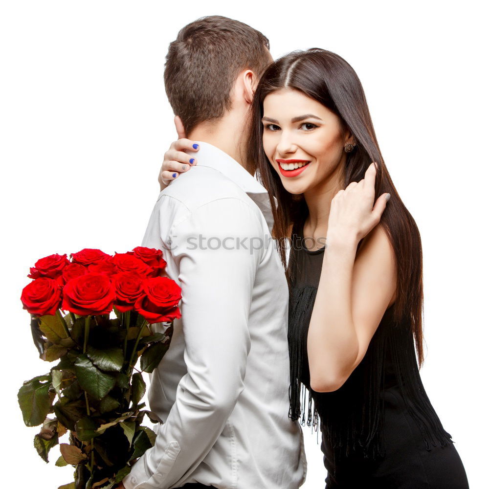 Similar – Image, Stock Photo Happy couple in love with a rose on the street