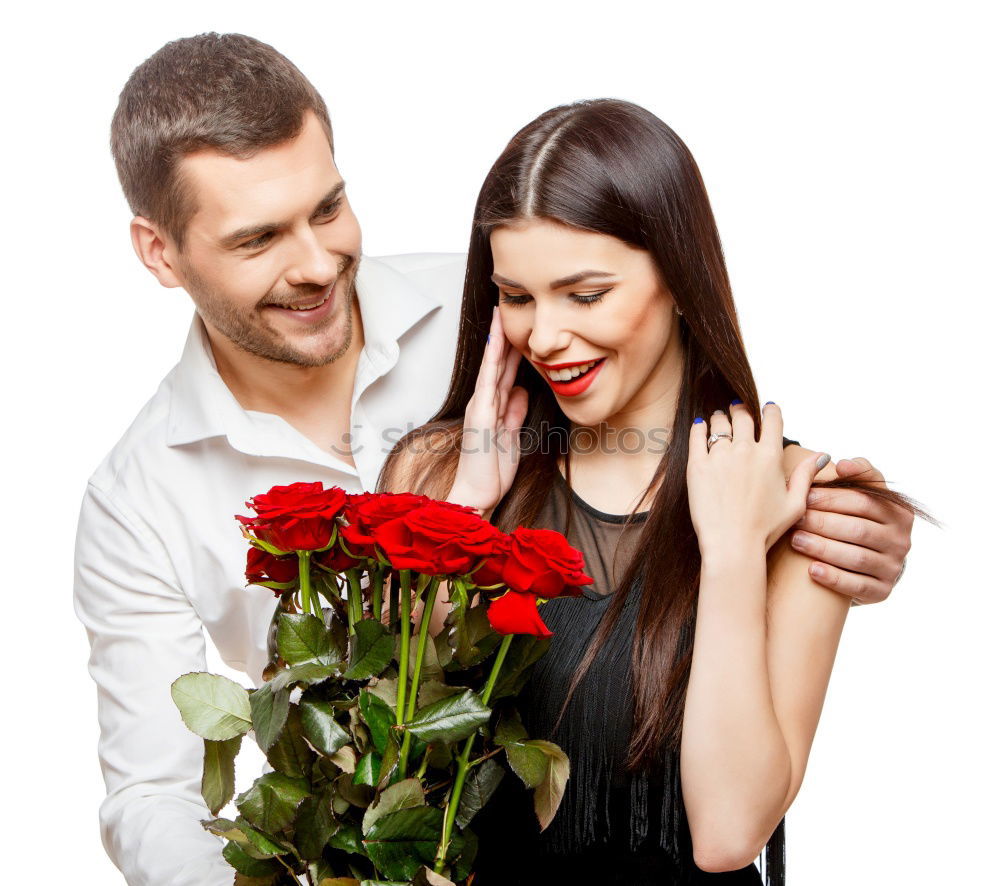 Similar – Image, Stock Photo Happy couple in love with a rose on the street