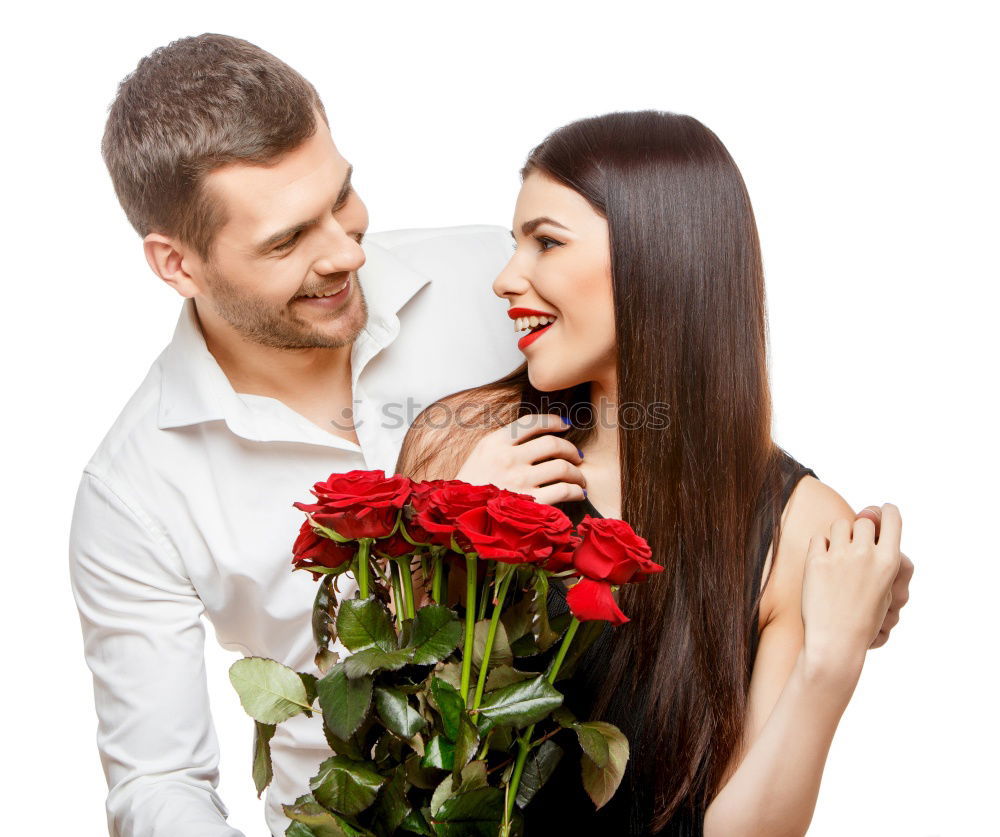 Image, Stock Photo Happy couple in love with a rose on the street