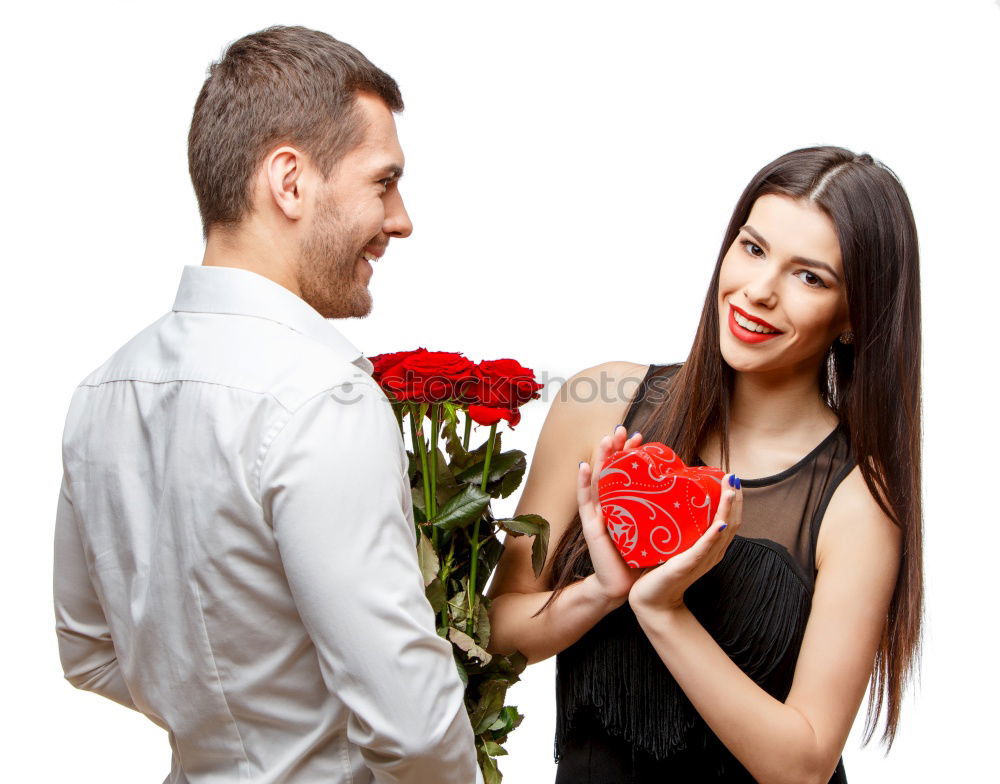 Similar – Image, Stock Photo Happy couple in love with a rose on the street