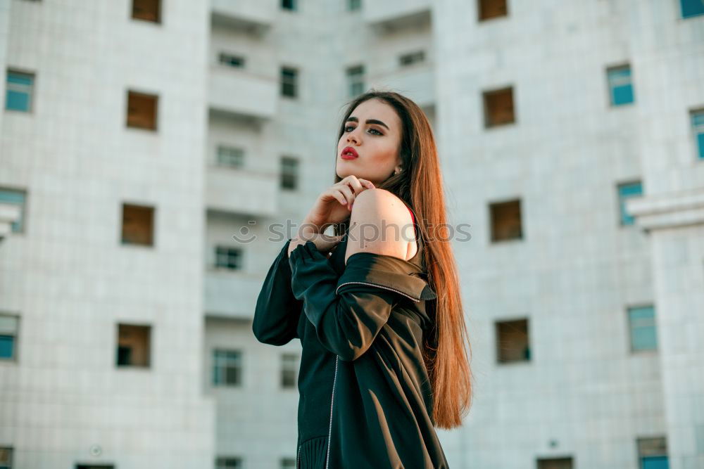 Similar – Image, Stock Photo Charming brunette on balcony in cityscape